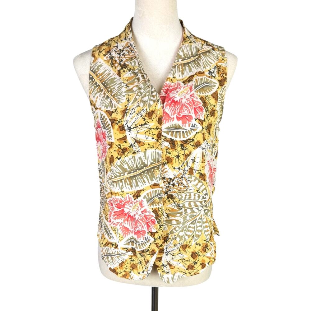 Casual Corner Vintage 100% Silk Yellow Tropical Floral Print Sleeveless Tank Top